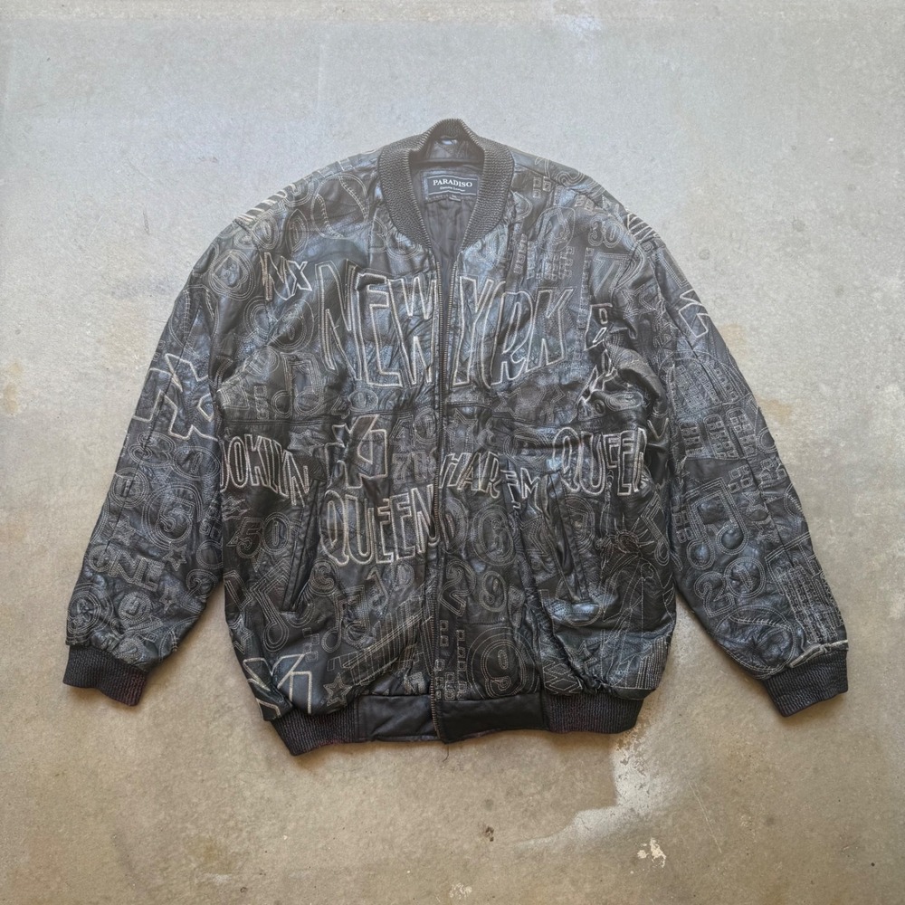 Paradiso Mens 4XL Genuine Leather New York City Embroidered Bomber Jacket Black